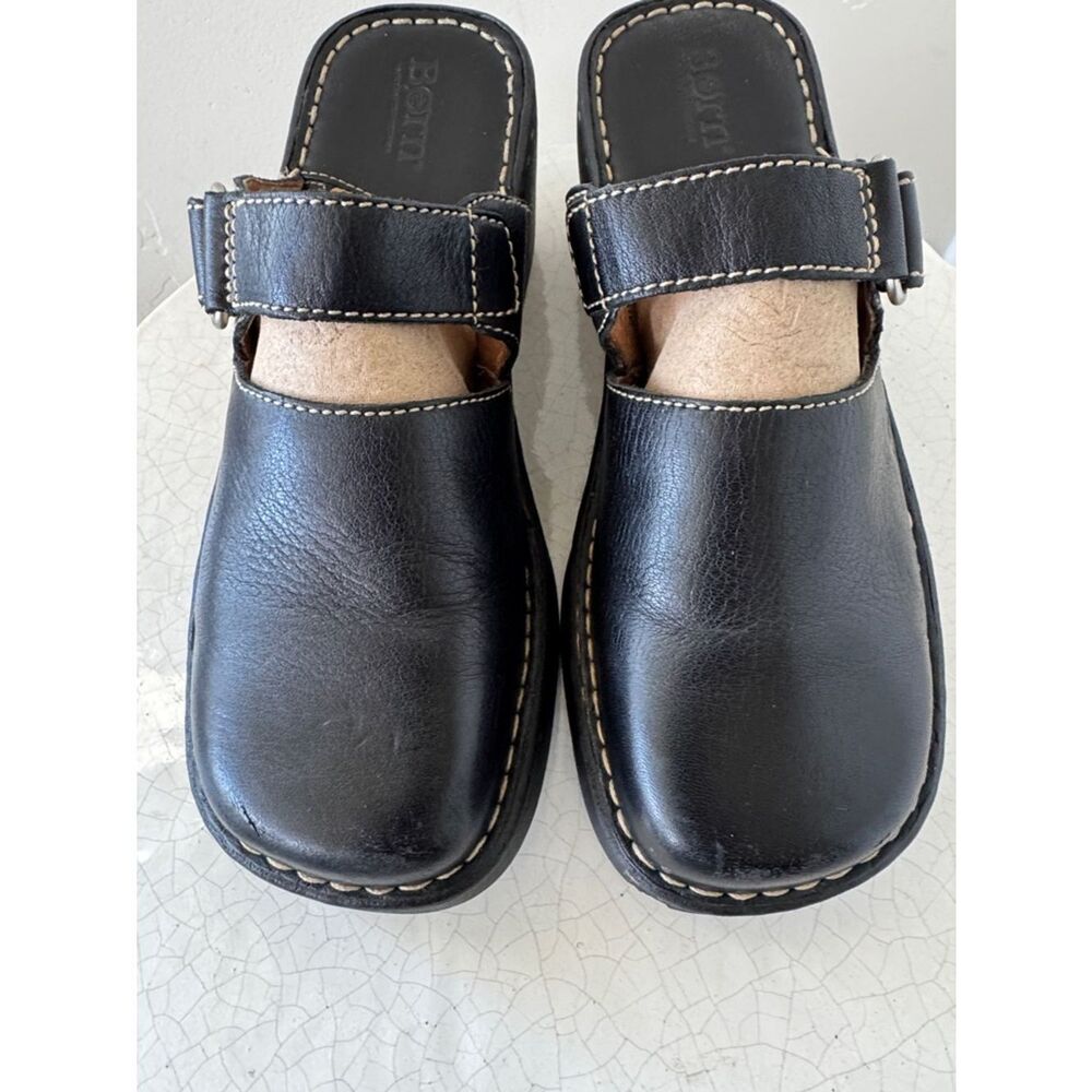 Born Y2K Black Leather Slip-On Clogs Wedge with Tan Stitching Accent Size 7 GUC - Picture 12 of 12